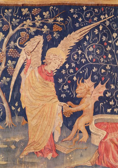 Engel met een Tros Druiven en een Demon, detail van de Apocalyps Tapisserie van Angers, 1373-87 door Nicolas Bataille